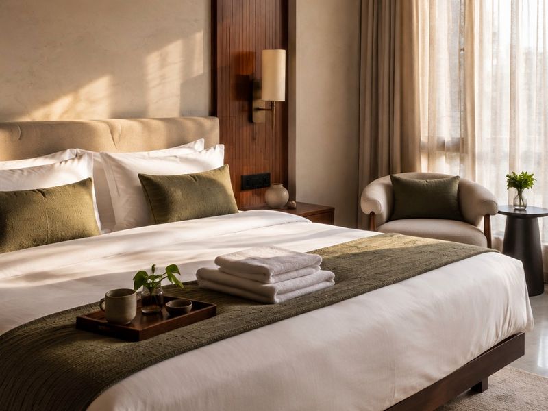 Main bedroom: Hotel-quality bedding with avocado accents.