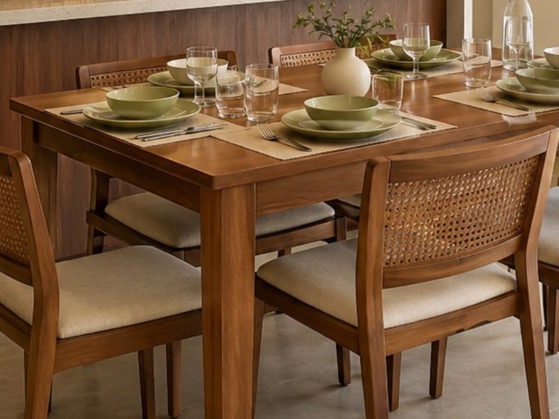 Table set: Sage tableware ready for guests.