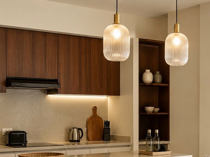 Kitchen counter: Under-cabinet lighting and essentials.