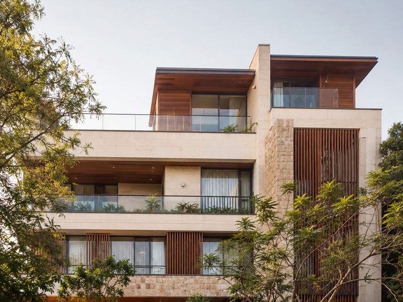 Premium building: Timber balconies in a green setting.