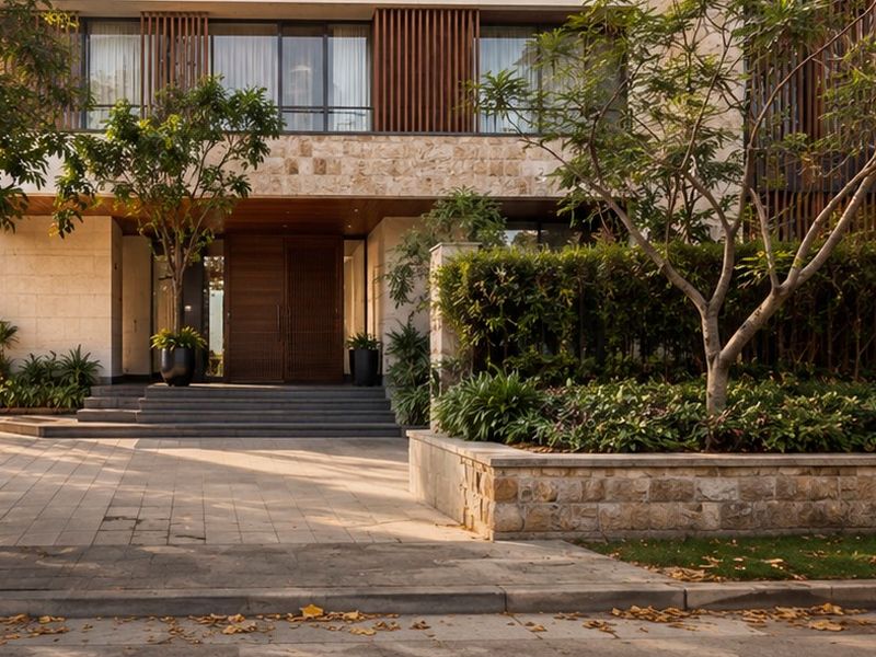 Arrival: Landscaped entrance and driveway.